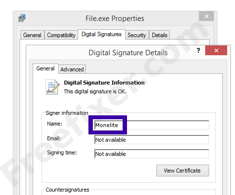 Screenshot of the Monelite certificate