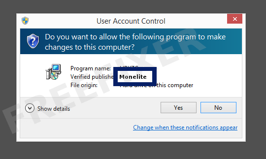 Screenshot where Monelite appears as the verified publisher in the UAC dialog