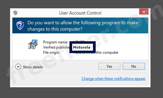 Screenshot where Motorola appears as the verified publisher in the UAC dialog