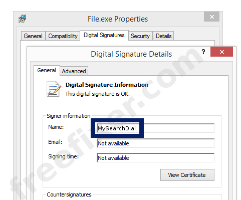 Screenshot of the MySearchDial certificate