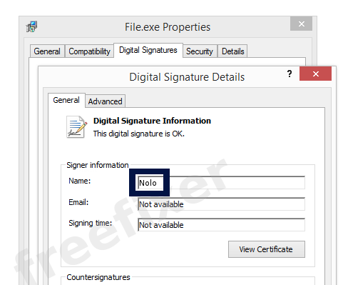 Screenshot of the Nolo certificate
