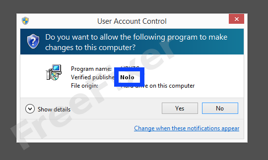 Screenshot where Nolo appears as the verified publisher in the UAC dialog