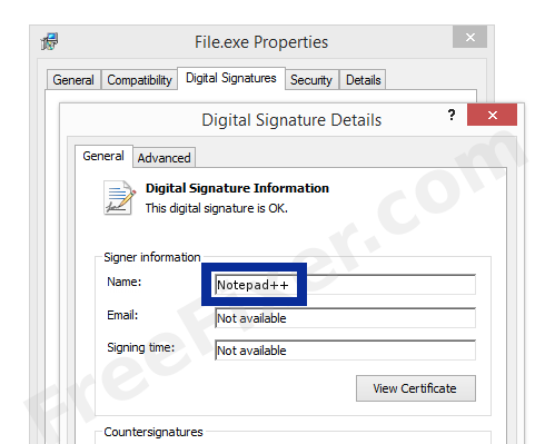 Screenshot of the Notepad++ certificate