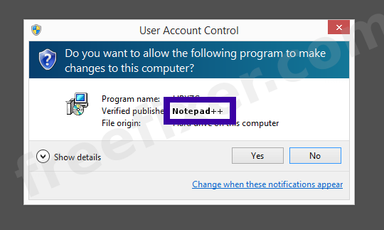 Screenshot where Notepad++ appears as the verified publisher in the UAC dialog