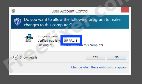 Screenshot where ORPALIS appears as the verified publisher in the UAC dialog