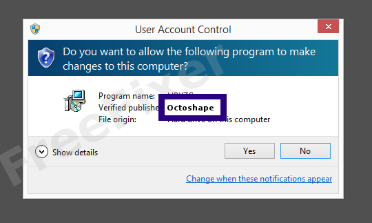 Screenshot where Octoshape appears as the verified publisher in the UAC dialog