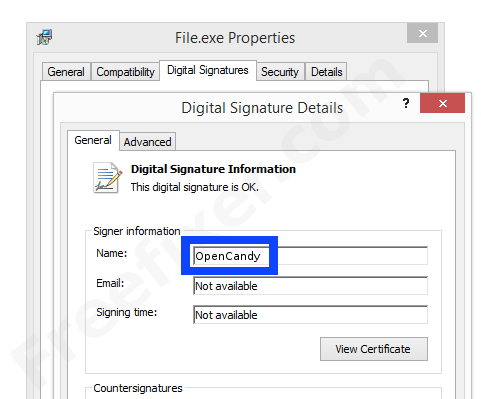 Screenshot of the OpenCandy certificate