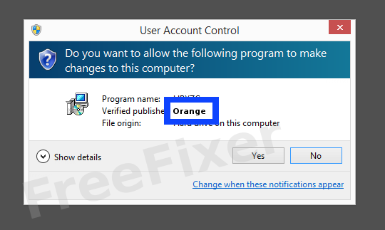 Screenshot where Orange appears as the verified publisher in the UAC dialog