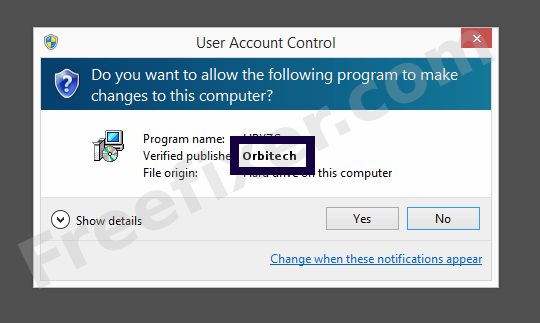 Screenshot where Orbitech appears as the verified publisher in the UAC dialog