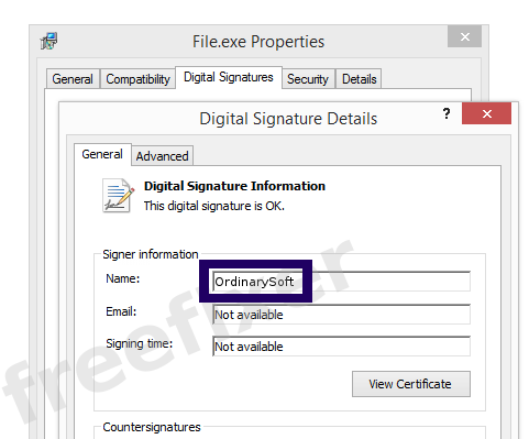 Screenshot of the OrdinarySoft certificate