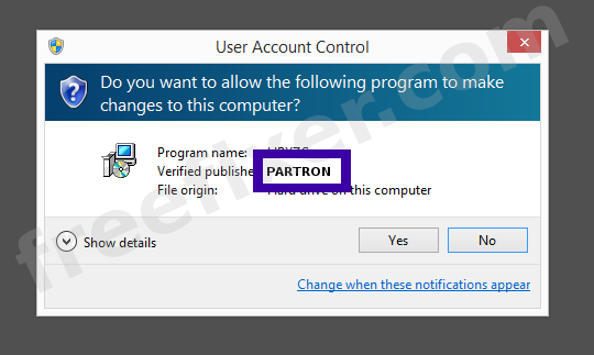 Screenshot where PARTRON appears as the verified publisher in the UAC dialog