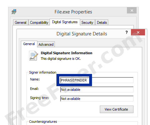 Screenshot of the PHRASEFINDER certificate