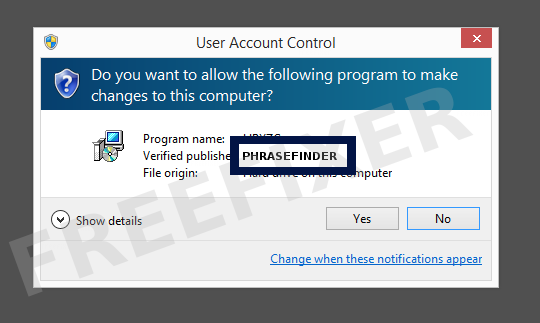 Screenshot where PHRASEFINDER appears as the verified publisher in the UAC dialog