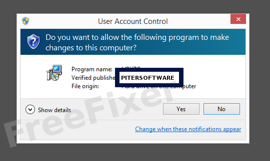 Screenshot where PITERSOFTWARE appears as the verified publisher in the UAC dialog