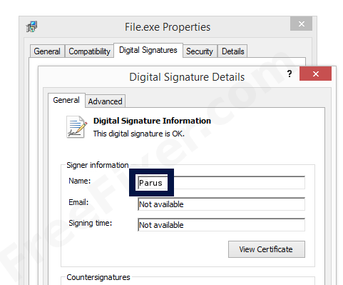 Screenshot of the Parus certificate