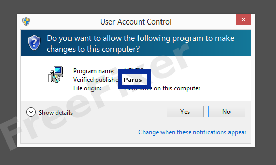 Screenshot where Parus appears as the verified publisher in the UAC dialog