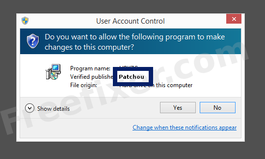 Screenshot where Patchou appears as the verified publisher in the UAC dialog