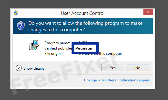 Screenshot where Pegasun appears as the verified publisher in the UAC dialog