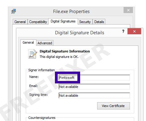 Screenshot of the Pintosoft certificate