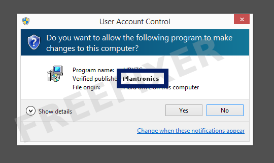 Screenshot where Plantronics appears as the verified publisher in the UAC dialog