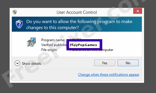 Screenshot where PlayPopGames appears as the verified publisher in the UAC dialog