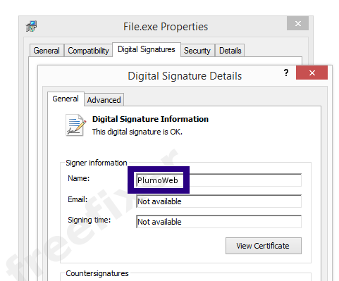 Screenshot of the PlumoWeb certificate