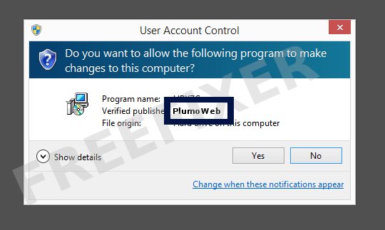 Screenshot where PlumoWeb appears as the verified publisher in the UAC dialog