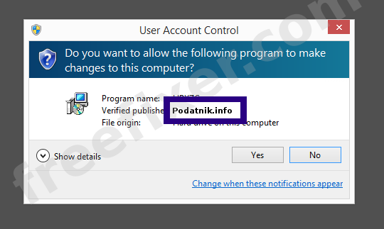 Screenshot where Podatnik.info appears as the verified publisher in the UAC dialog