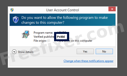 Screenshot where Pokki appears as the verified publisher in the UAC dialog