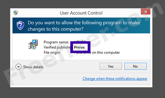 Screenshot where Prevx appears as the verified publisher in the UAC dialog
