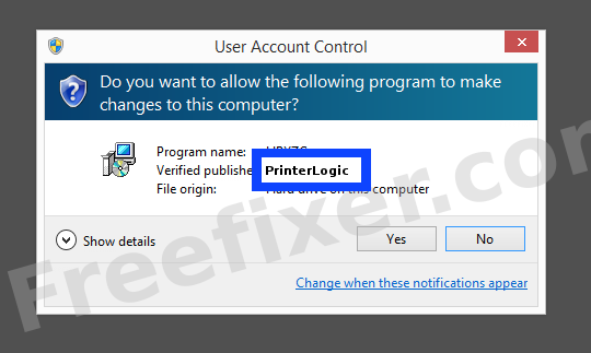 Screenshot where PrinterLogic appears as the verified publisher in the UAC dialog