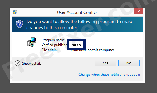 Screenshot where Purch appears as the verified publisher in the UAC dialog