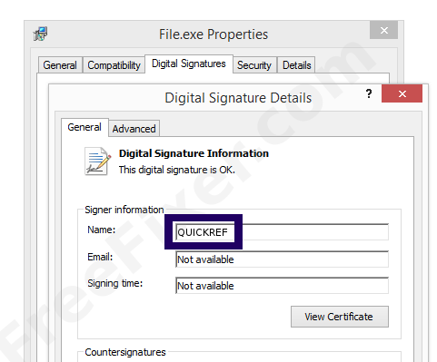 Screenshot of the QUICKREF certificate