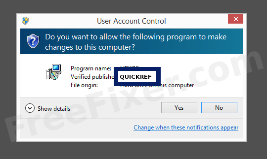 Screenshot where QUICKREF appears as the verified publisher in the UAC dialog