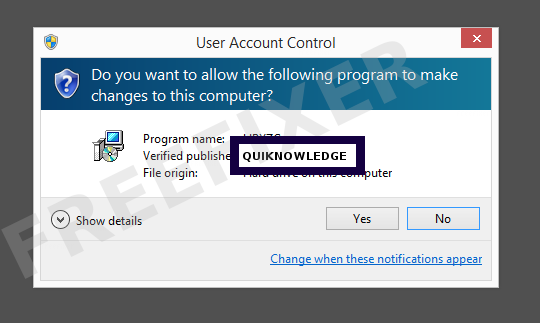 Screenshot where QUIKNOWLEDGE appears as the verified publisher in the UAC dialog