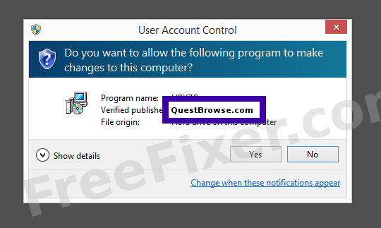 Screenshot where QuestBrowse.com appears as the verified publisher in the UAC dialog