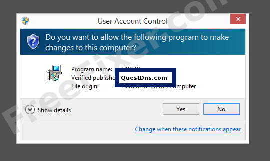 Screenshot where QuestDns.com appears as the verified publisher in the UAC dialog
