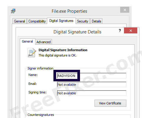 Screenshot of the RADVISION certificate
