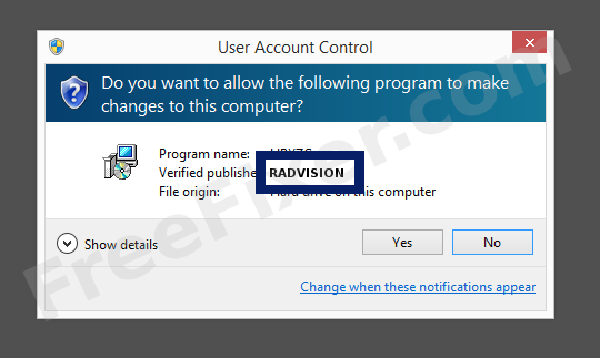 Screenshot where RADVISION appears as the verified publisher in the UAC dialog
