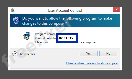 Screenshot where ROSTPAY appears as the verified publisher in the UAC dialog