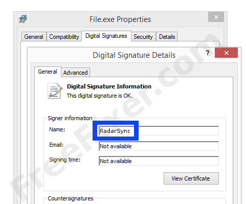 Screenshot of the RadarSync certificate