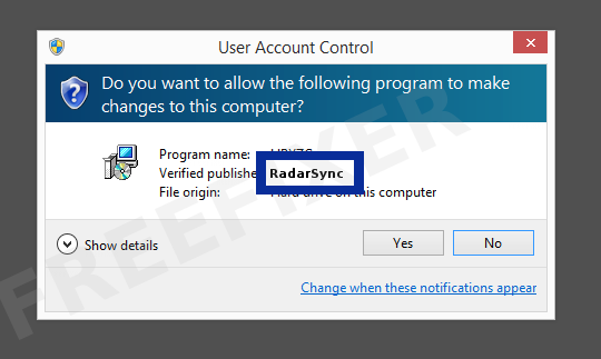 Screenshot where RadarSync appears as the verified publisher in the UAC dialog