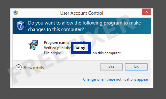 Screenshot where Rainy appears as the verified publisher in the UAC dialog