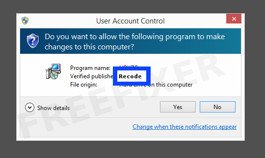 Screenshot where Recode appears as the verified publisher in the UAC dialog