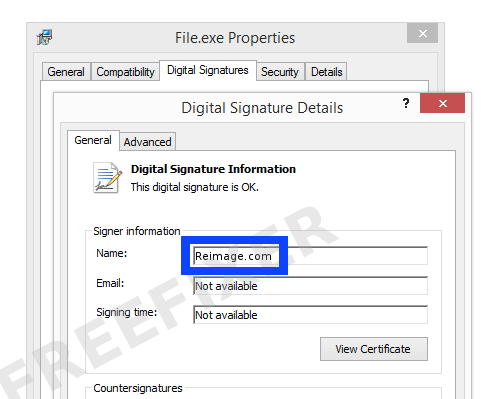 Screenshot of the Reimage.com certificate