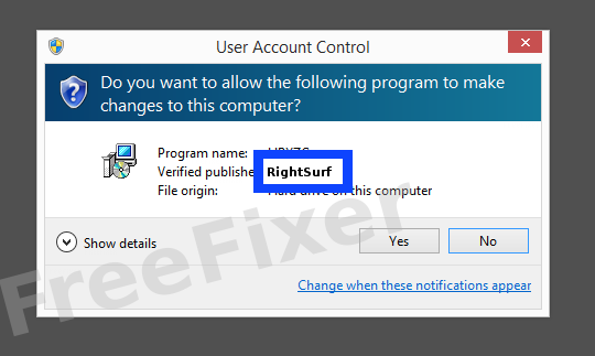 Screenshot where RightSurf appears as the verified publisher in the UAC dialog