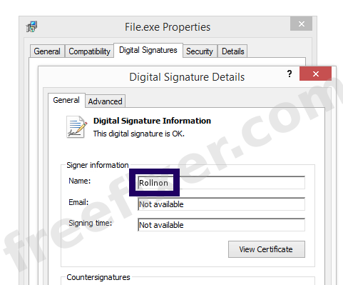 Screenshot of the Rollnon certificate