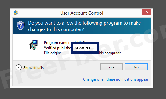 Screenshot where SEAAPPLE appears as the verified publisher in the UAC dialog