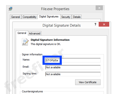 Screenshot of the STOPzilla certificate