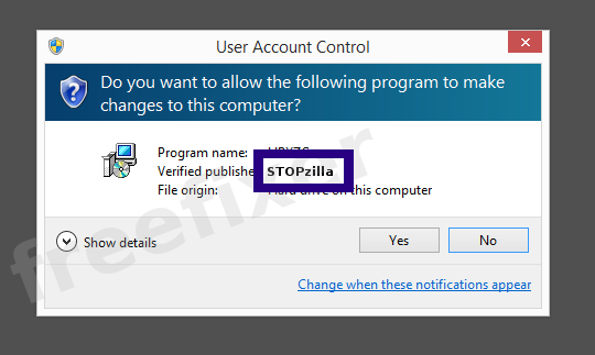 Screenshot where STOPzilla appears as the verified publisher in the UAC dialog